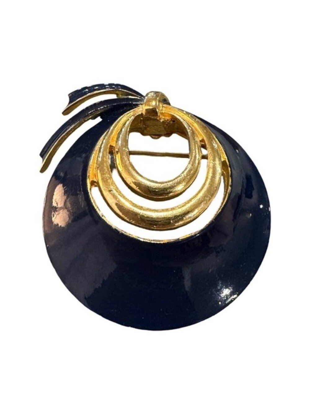 Vintage Brooch Gold Tone Navy Blue Enamel Circular Brooch Ribbon Accent Womens